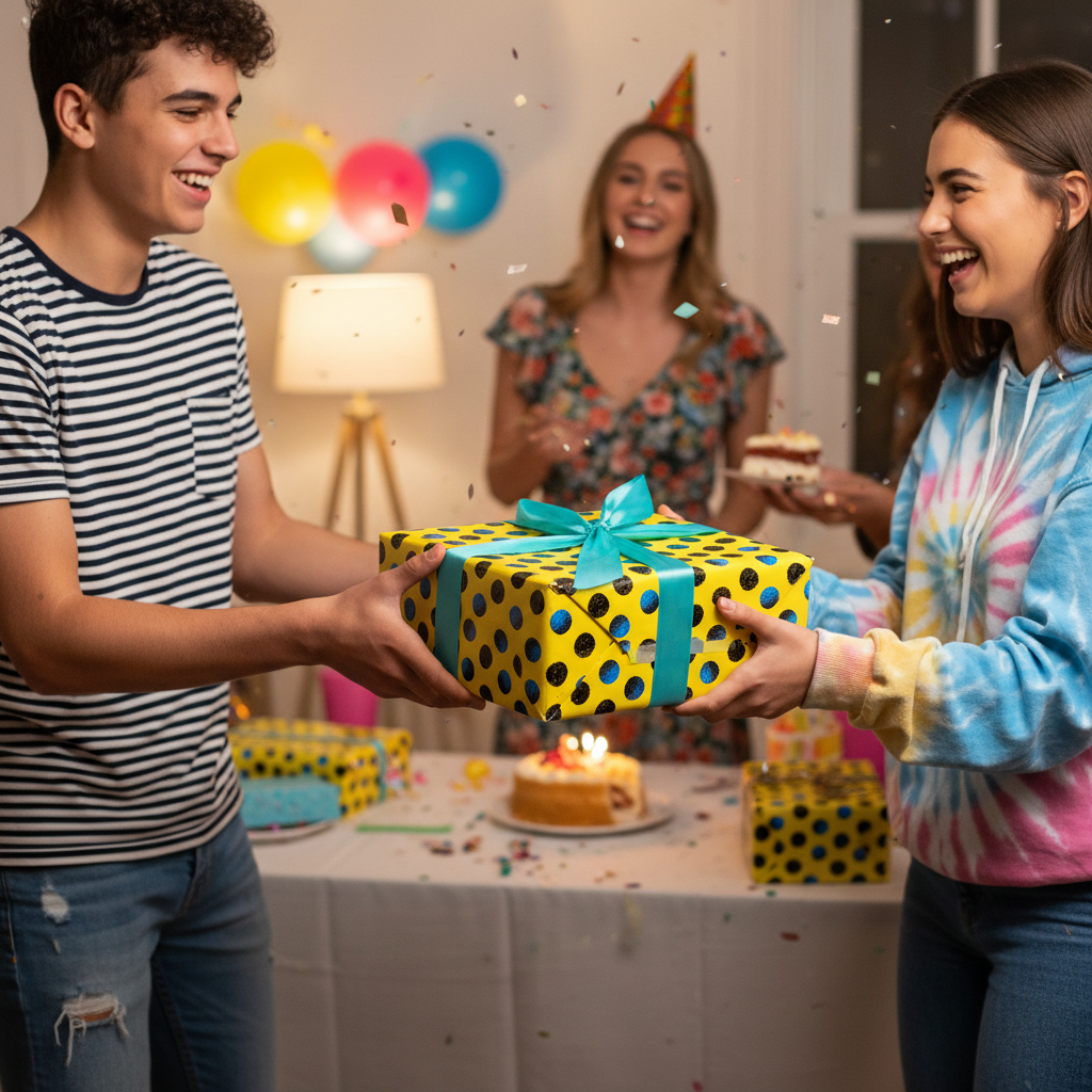 Friends exchanging gifts wrapped in yellow polka dot birthday wrapping paper with a blue ribbon.