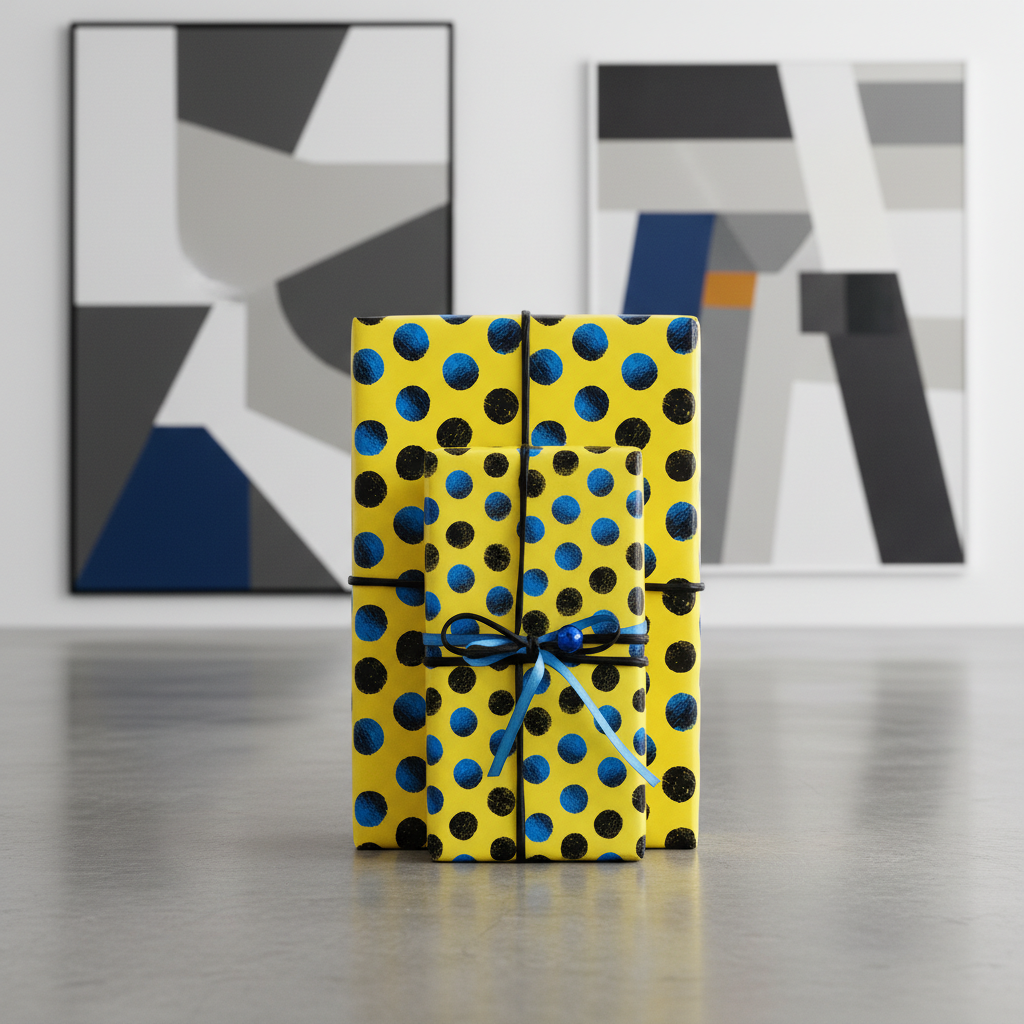 Stacked gifts wrapped in yellow polka dot wrapping paper with blue ribbon, modern art backdrop.
