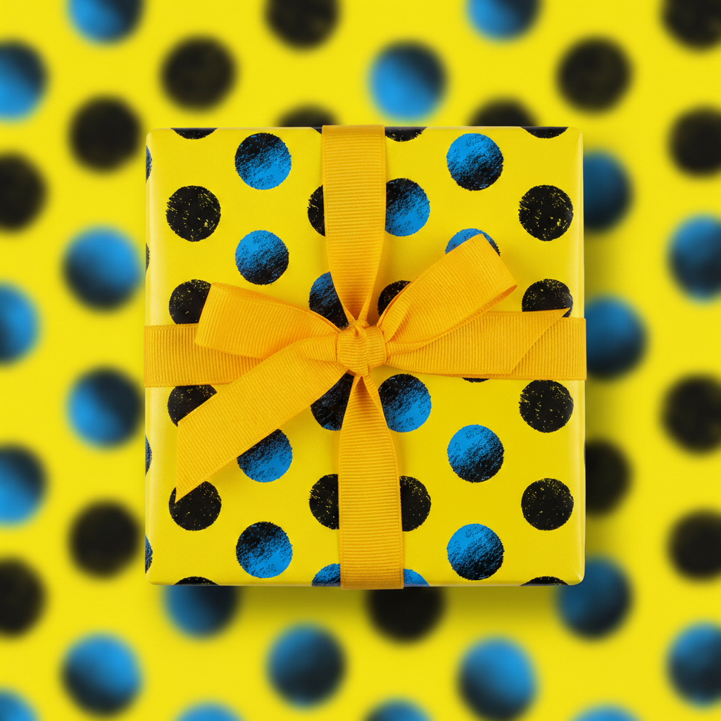 Bright yellow wrapping paper with black & blue dots tied with a yellow ribbon.