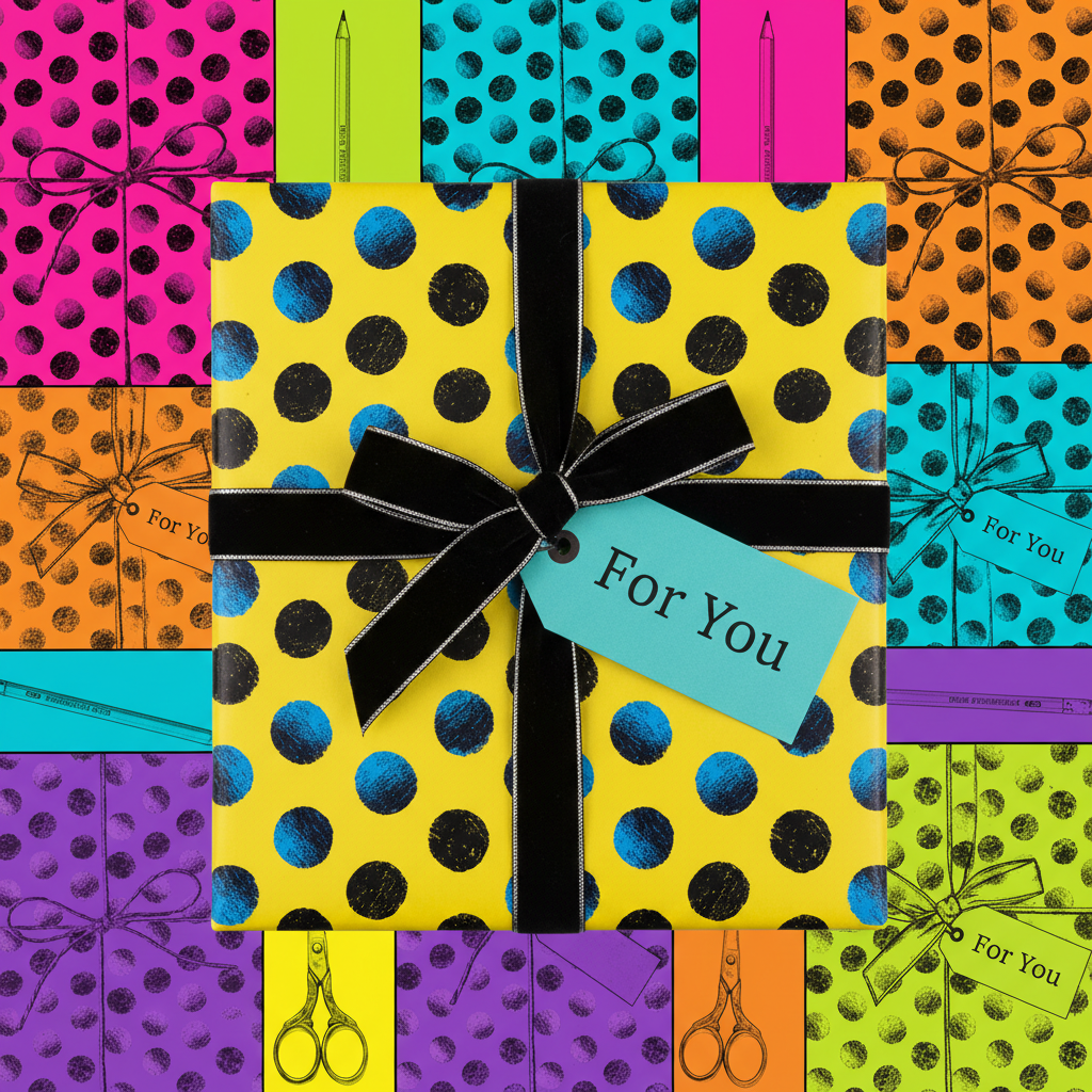 Bright yellow gift with black polka dot birthday wrapping paper, tied with a black velvet ribbon and a blue "For You" tag.