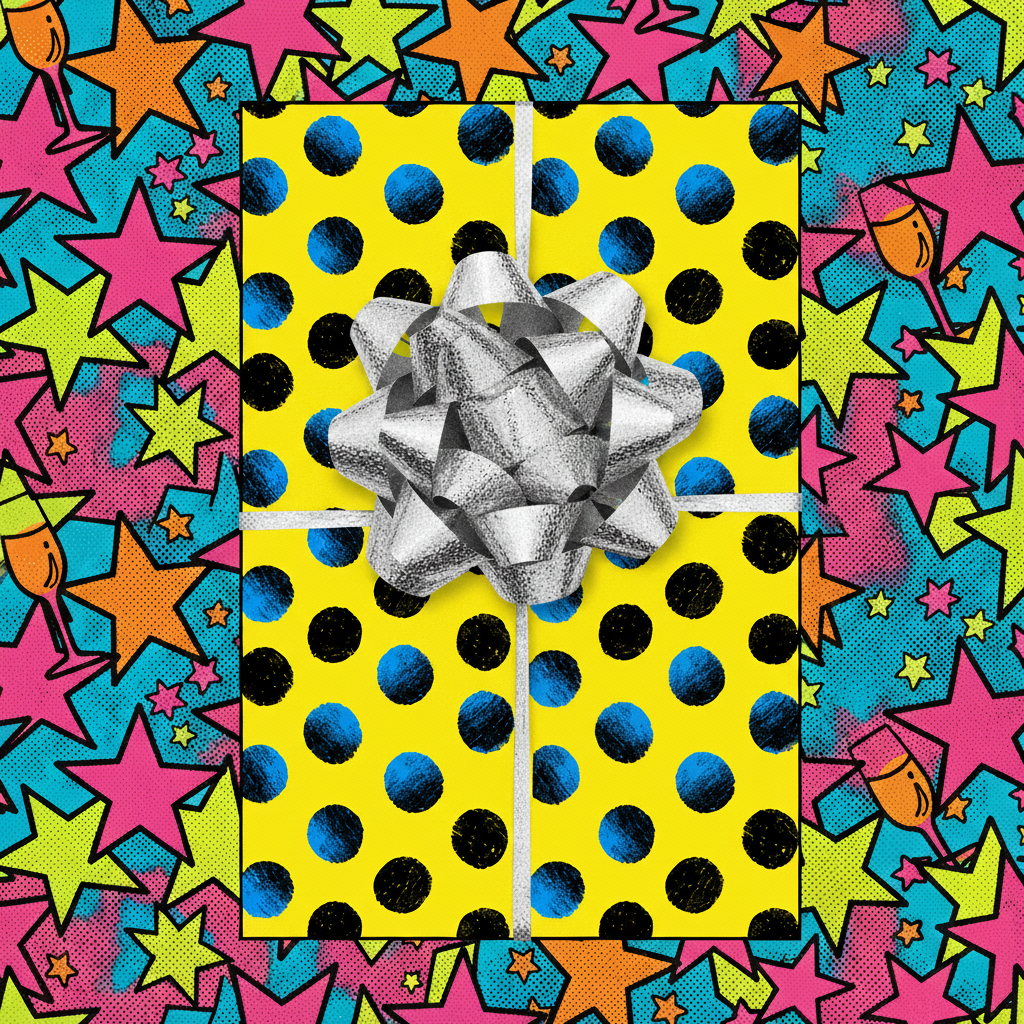 Bright birthday wrapping paper with blue and black dots, tied with a silver ribbon and set against a starburst pattern.