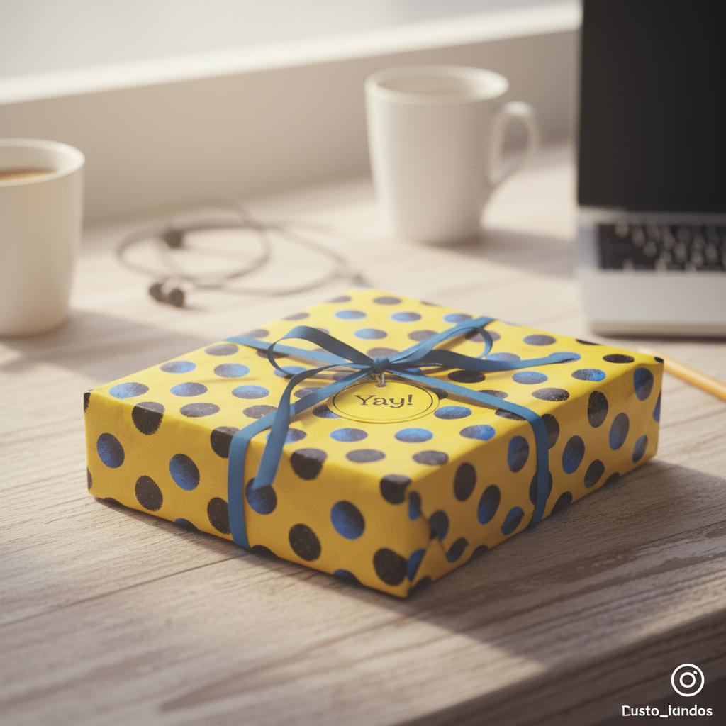 Yellow gift box wrapped in polka dot wrapping paper with a blue ribbon and "Yay!" gift tag.