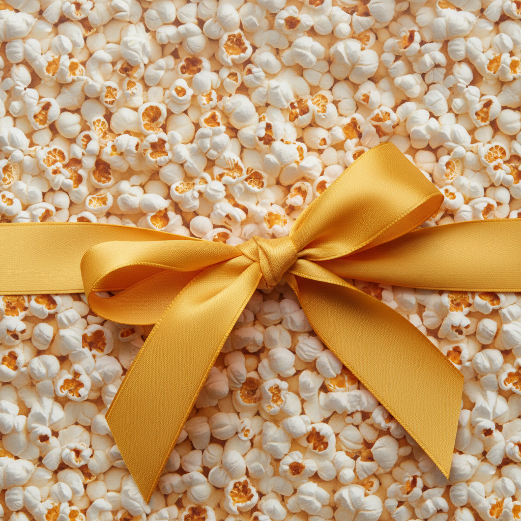 Popcorn gift wrapping paper with gold satin ribbon, perfect for a movie night themed party or birthday.