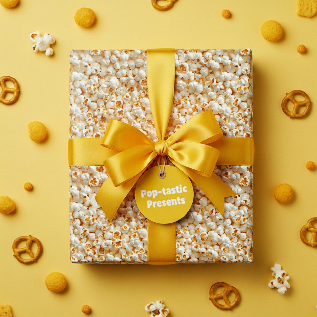 Unique novelty gift wrap featuring a popcorn pattern and gold ribbon, perfect for birthday presents or snack-themed gifts.