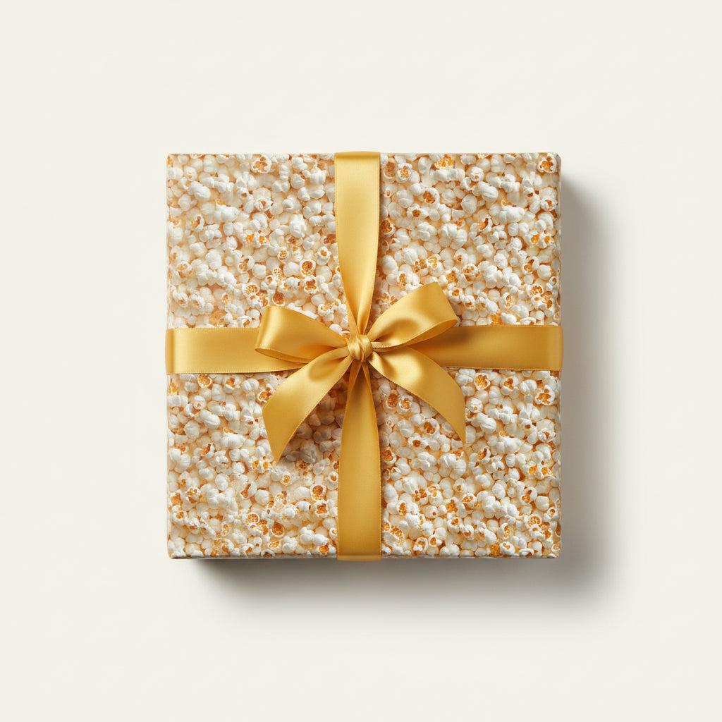Square gift box wrapped in popcorn patterned wrapping paper with a gold satin ribbon and bow.