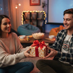 Young couple exchanging a birthday gift wrapped in popcorn print paper with a red ribbon.