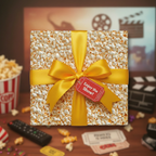 Popcorn gift wrap design with a yellow ribbon, ideal for movie lovers' birthday or special occasion present.