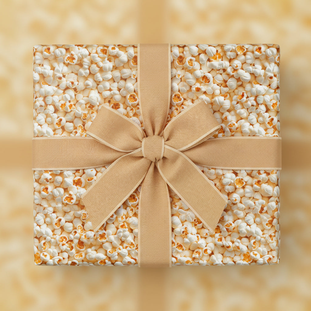 Popcorn themed wrapping paper with tan ribbon, fun gift wrap for movie lovers.