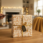 Whimsical popcorn wrapping paper on a square gift, tied with a gold ribbon, adds a fun touch to any occasion.