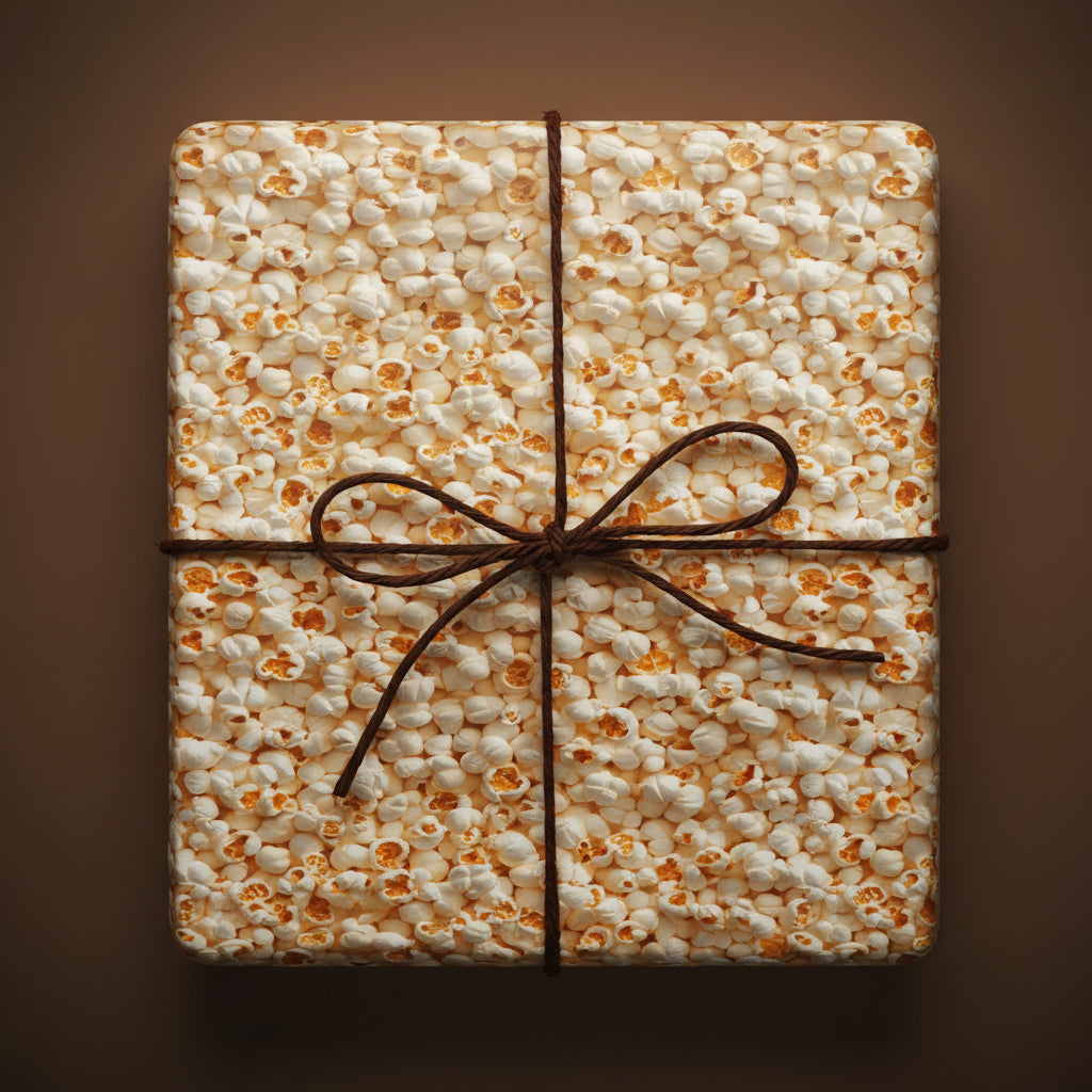 Novelty gift wrap with a fun popcorn print and a brown twine bow on a square box.