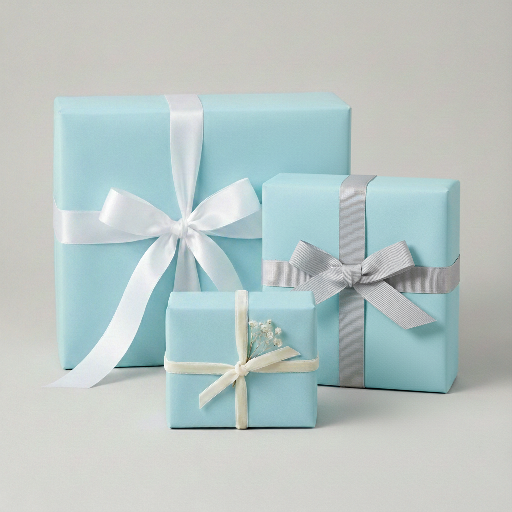 Light blue gift boxes wrapped in solid color wrapping paper with white, cream, and silver satin ribbons.
