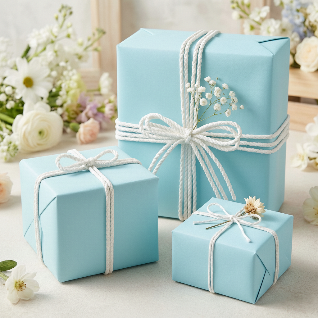 Light blue wrapping paper on gifts tied with white rope, perfect for baby shower or elegant birthday.