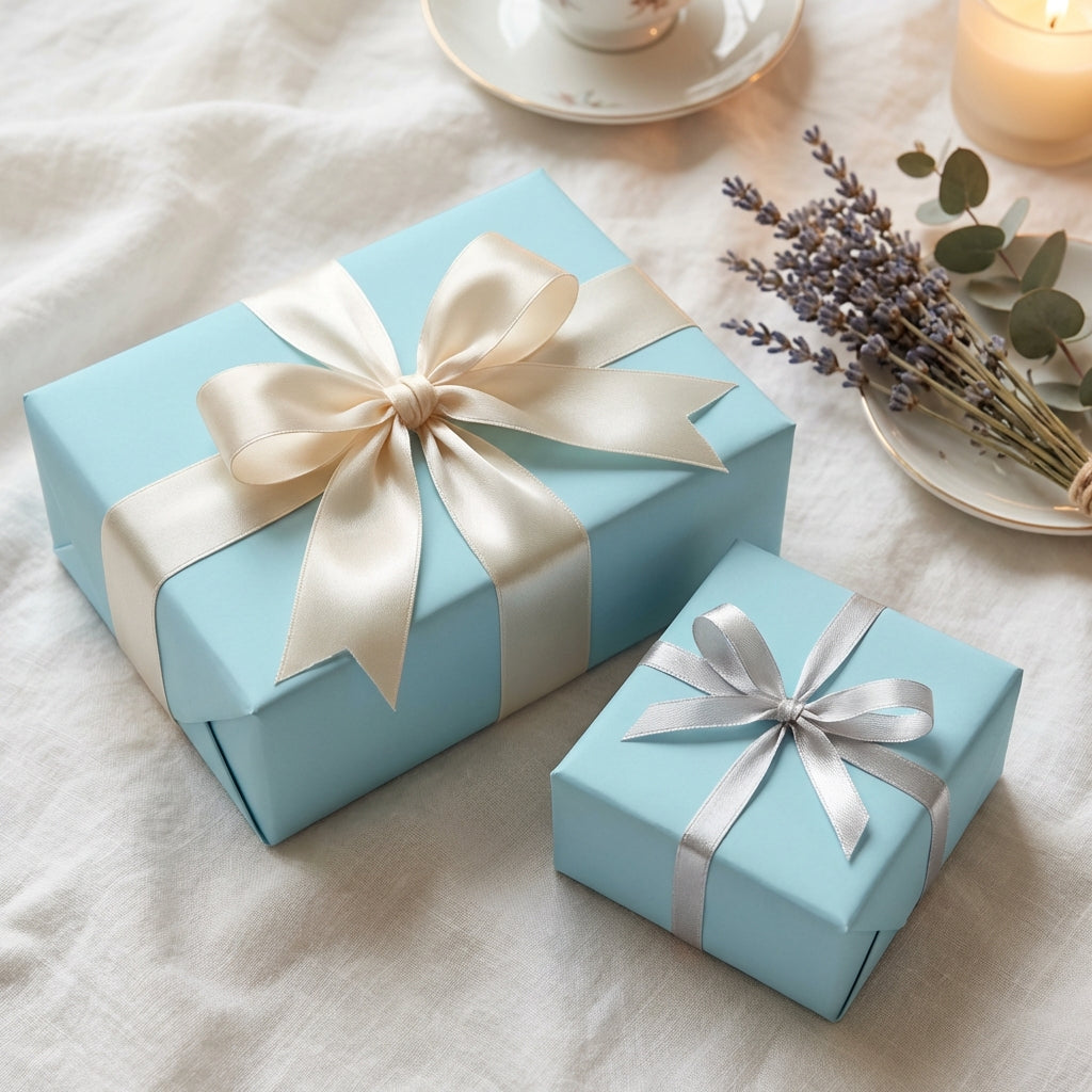 Light blue wrapping paper on two gift boxes with cream and silver ribbon, elegant gift wrap for all occasions.