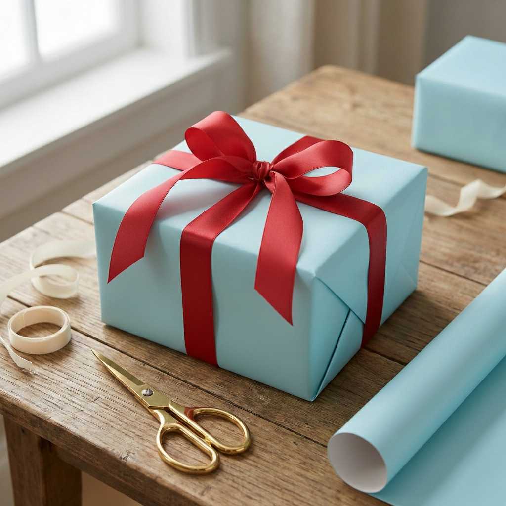 Light blue gift wrapped with red ribbon on a wooden table, alongside wrapping paper and gold scissors.