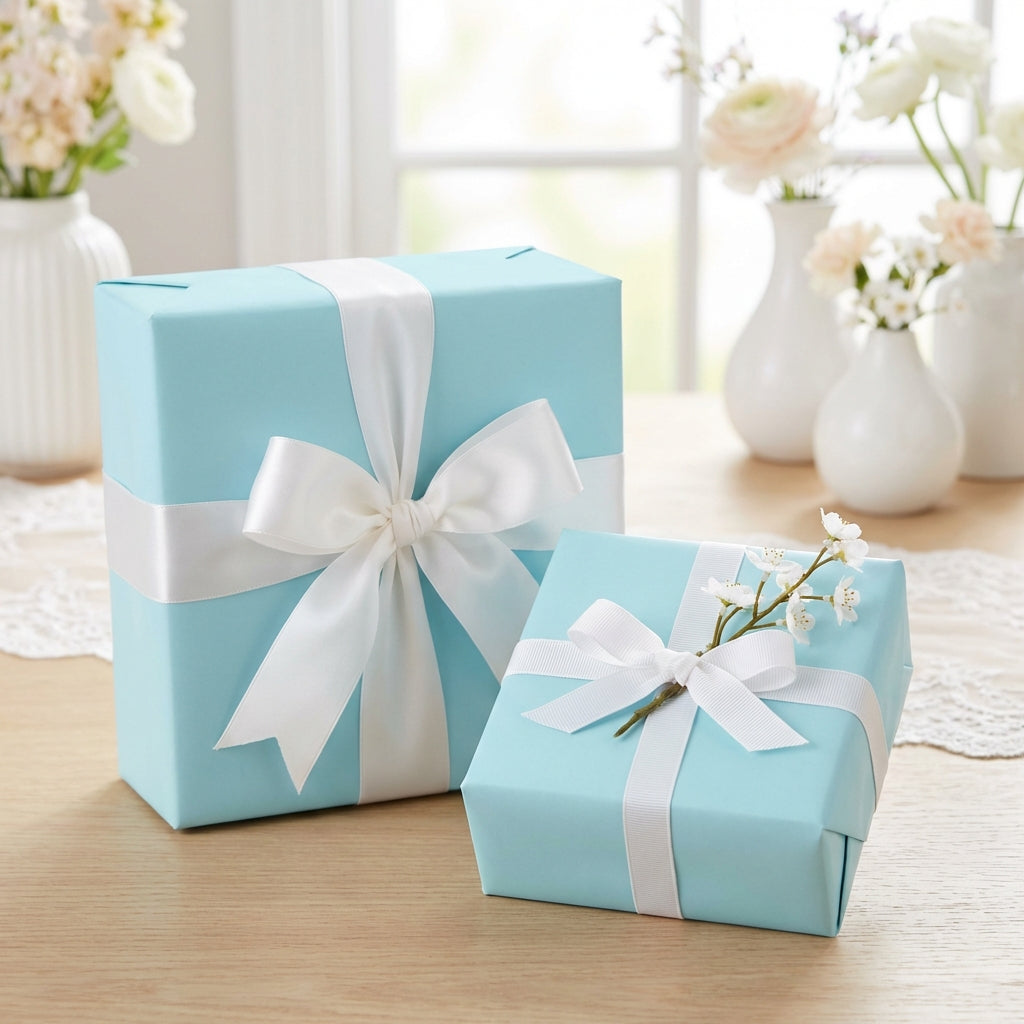 Light blue gift boxes wrapped in white ribbon, perfect for baby shower or elegant celebration wrapping paper.