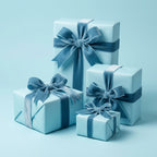 Solid light blue gift wrap with velvet ribbons, elegant presents for birthdays or any celebration.