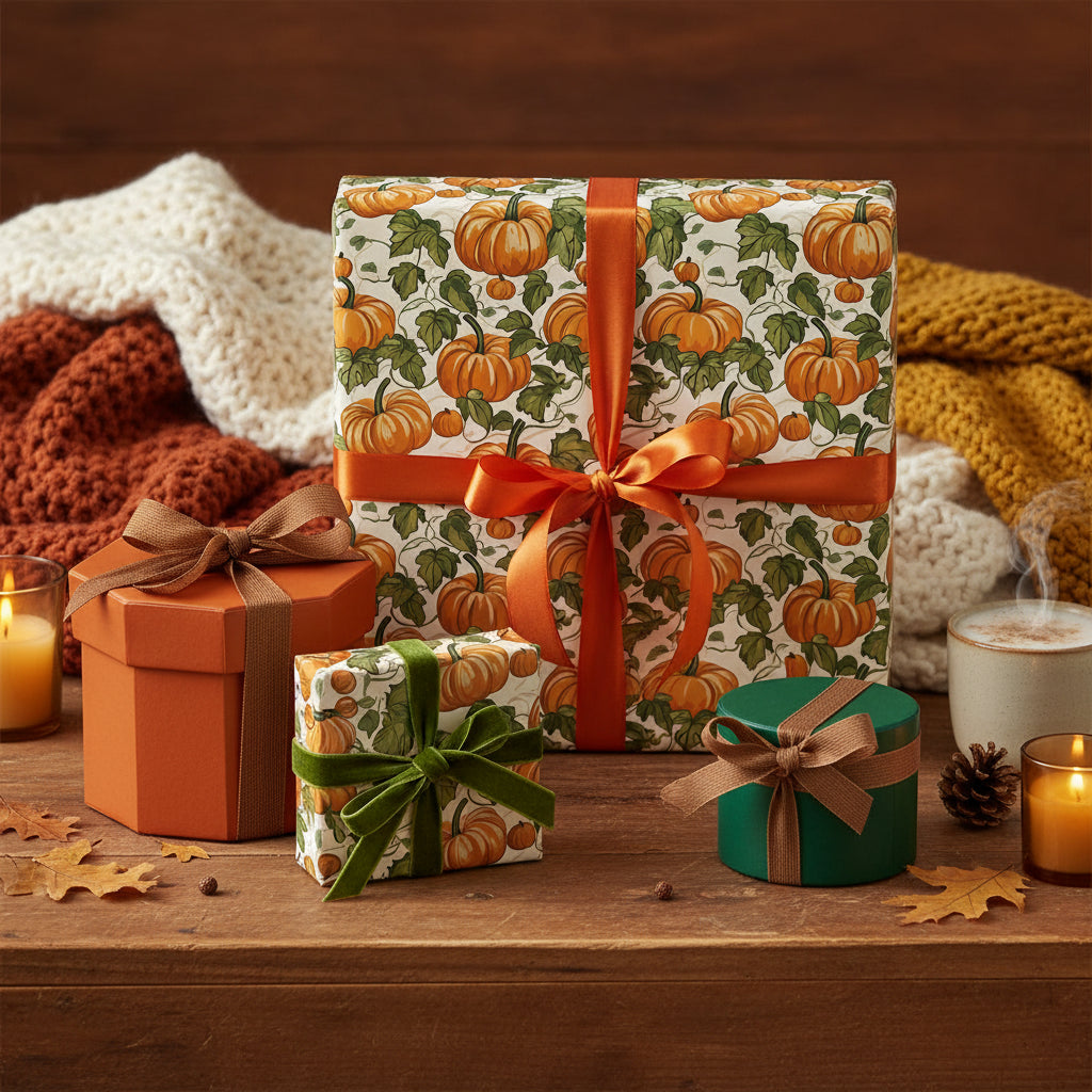 Fall harvest wrapping paper with orange pumpkin pattern and ribbon on various sized gifts.