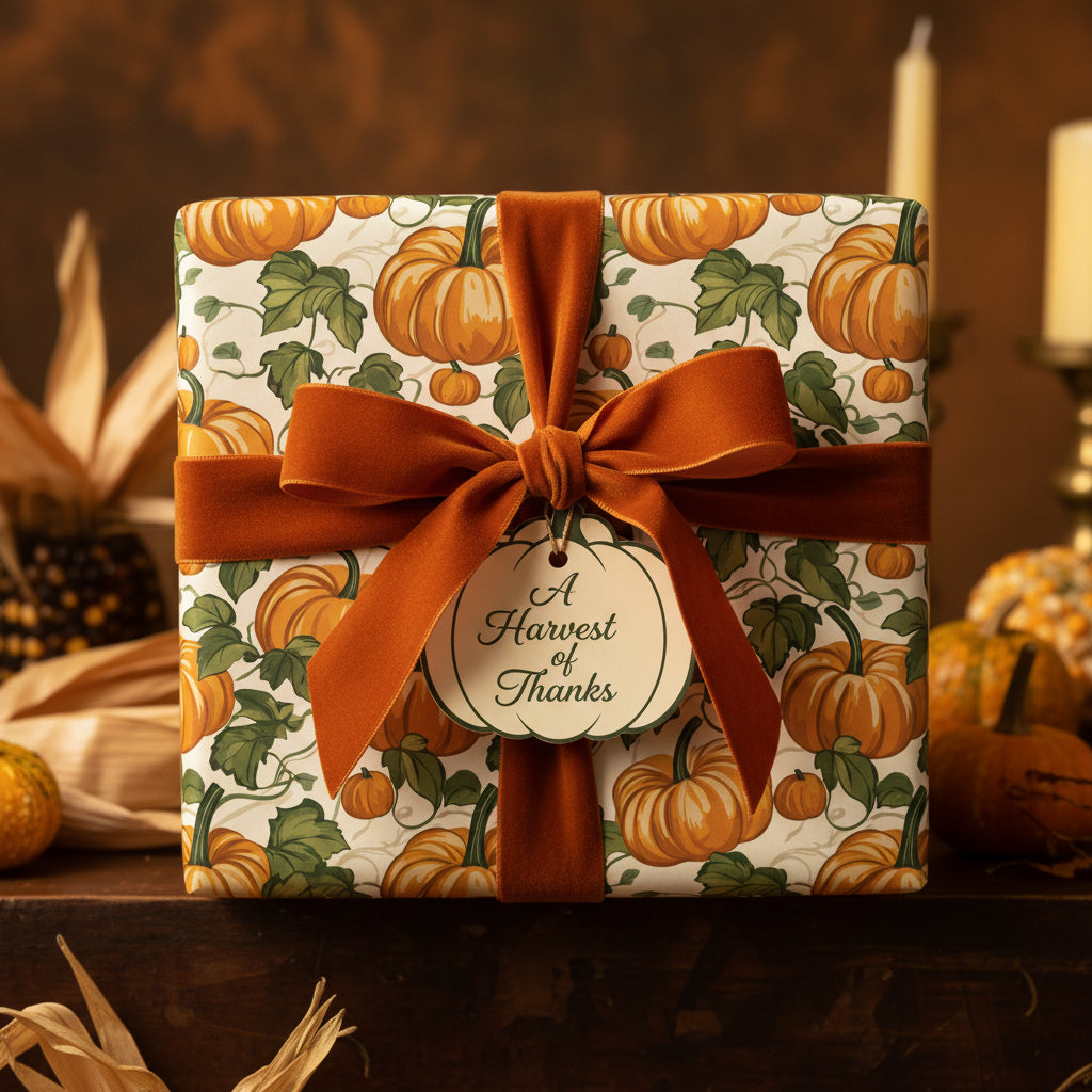 Elegant Thanksgiving gift wrapped in pumpkin pattern paper with velvet ribbon and "Harvest of Thanks" tag.