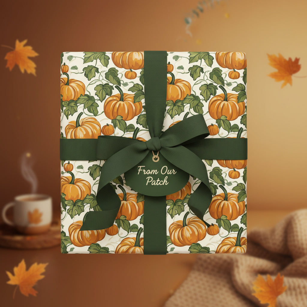 Square gift wrapped in autumn pumpkin wrapping paper with green ribbon and "From Our Patch" tag.