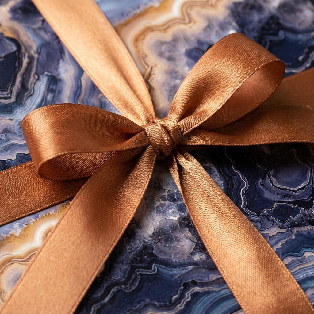 Blue agate luxury gift wrap with a copper satin ribbon bow, geode wrapping paper by Wrapped Studios.