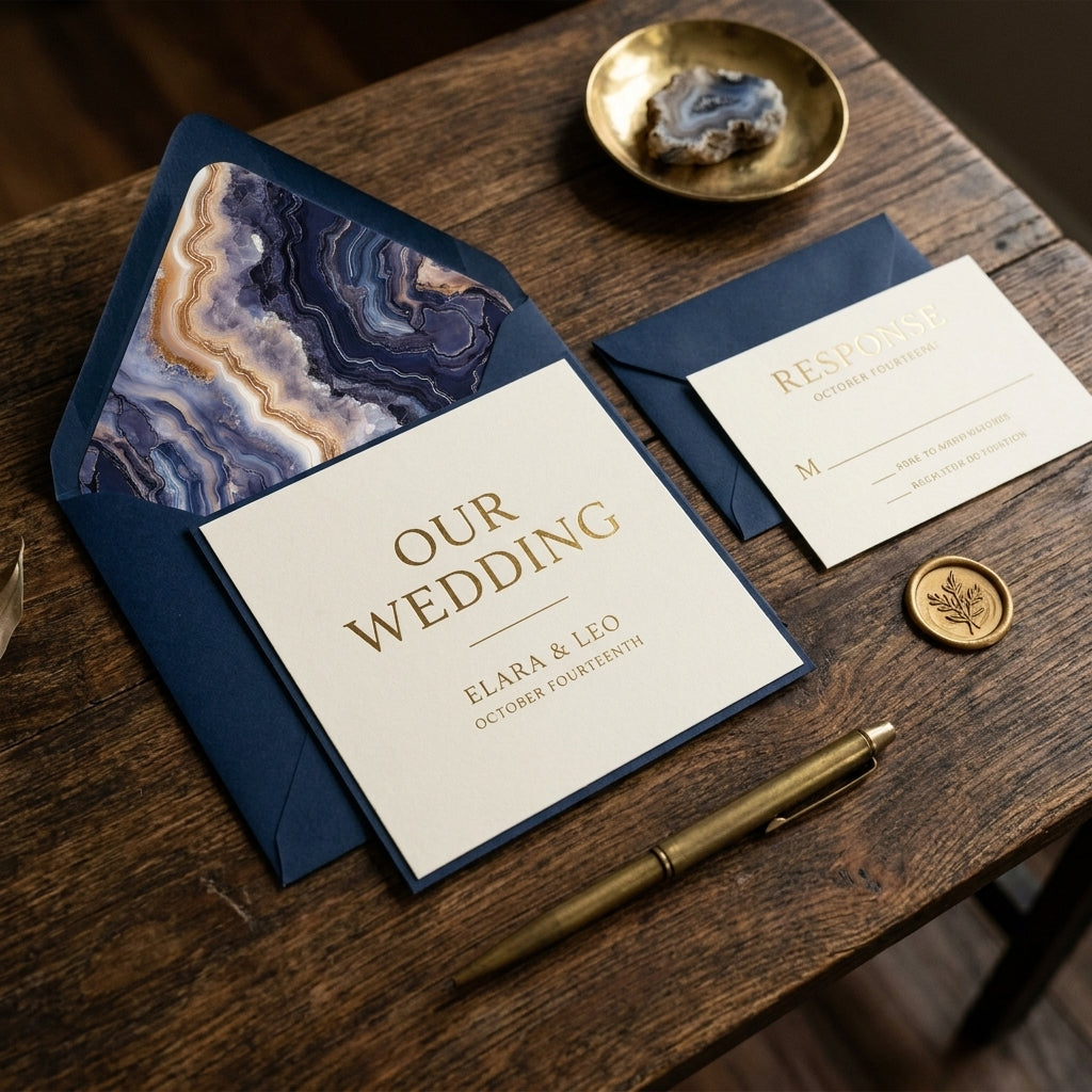 Luxury navy and gold wedding invitation suite with agate envelope liner by Wrapped Studios.