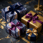 Luxury blue agate wrapping paper and gold gift wrap with satin ribbons by Wrapped Studios.