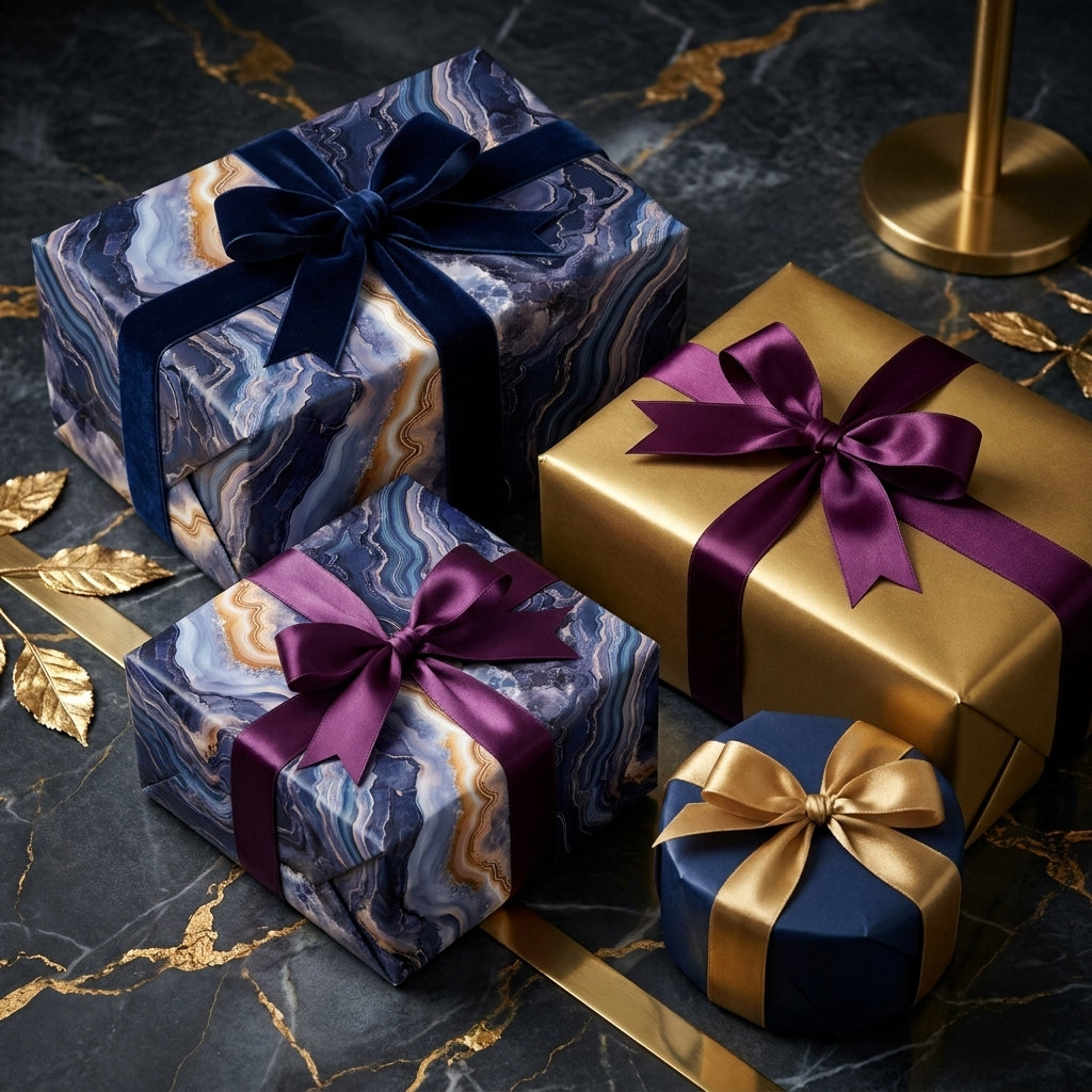 Luxury blue agate wrapping paper and gold gift wrap with satin ribbons by Wrapped Studios.