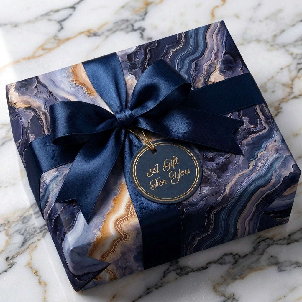 Luxury navy and gold marble wrapping paper with satin ribbon bow on a gift box by Wrapped Studios.
