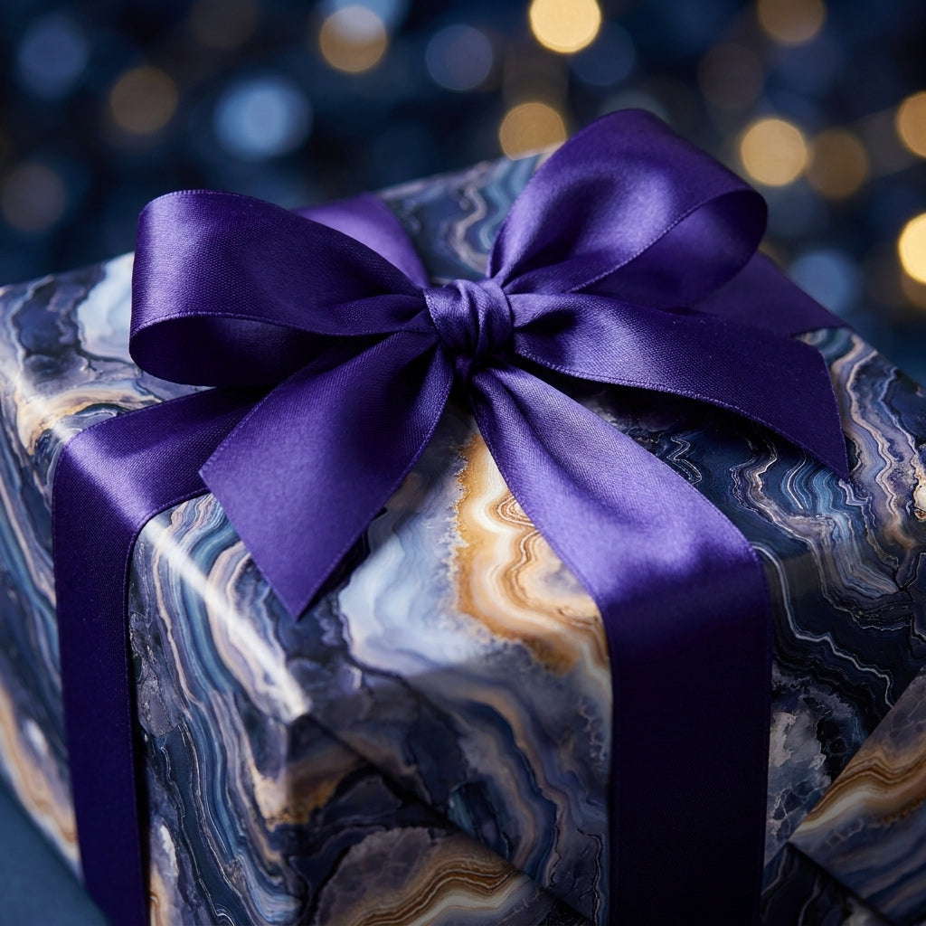Luxury blue and gold agate wrapping paper with a purple satin bow, from Wrapped Studios.