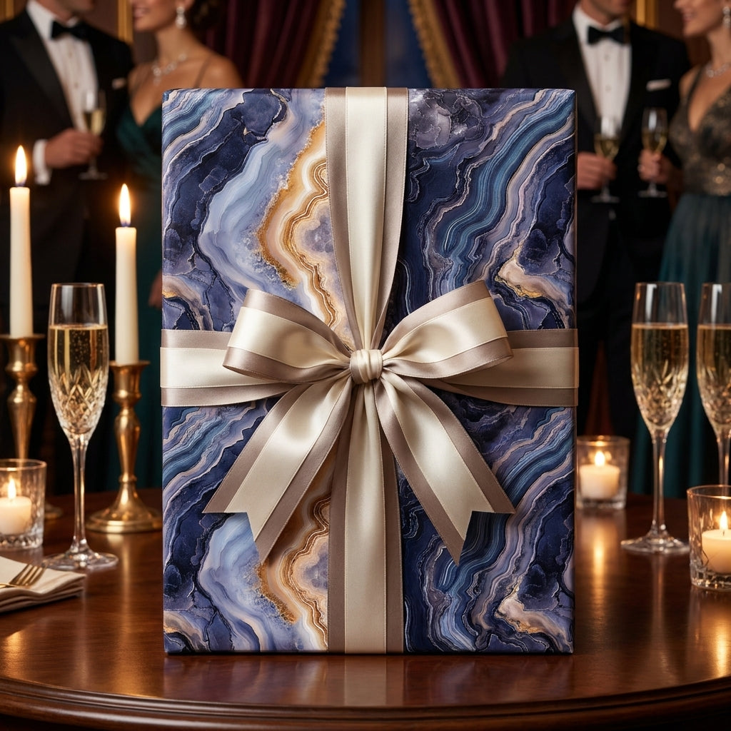 Luxury blue and gold geode wrapping paper with champagne satin bow by Wrapped Studios.