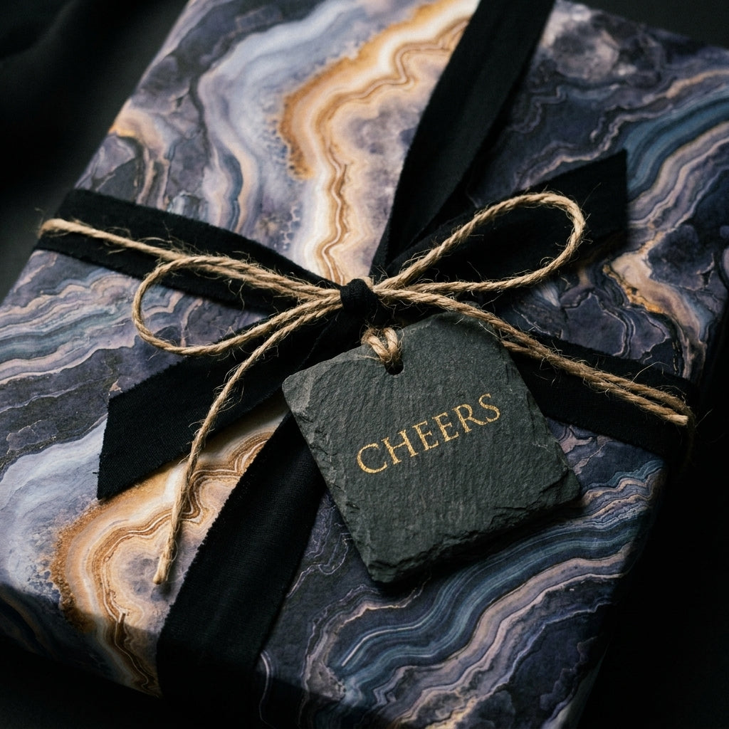 Luxury navy and gold marble wrapping paper with a black ribbon and Cheers tag by Wrapped Studios.