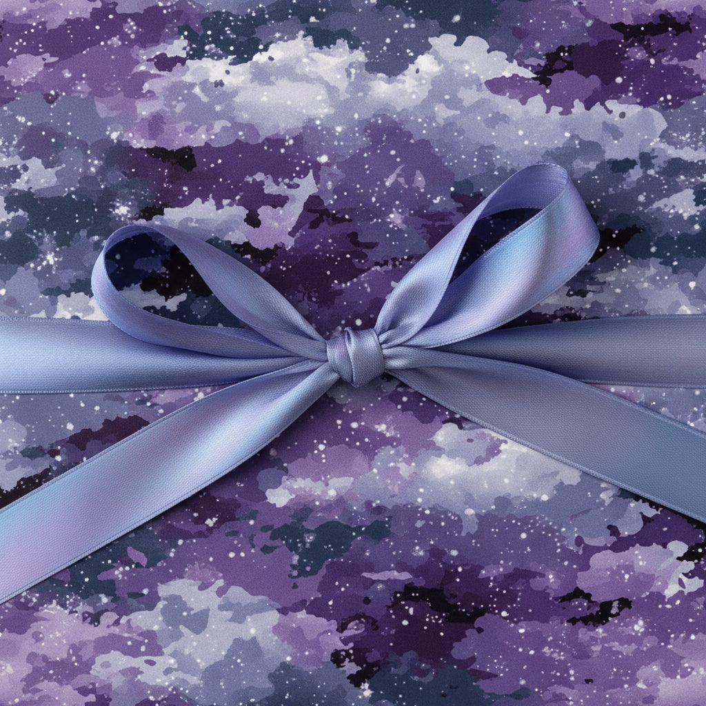 Modern galaxy wrapping paper with a periwinkle satin ribbon tied in a bow.