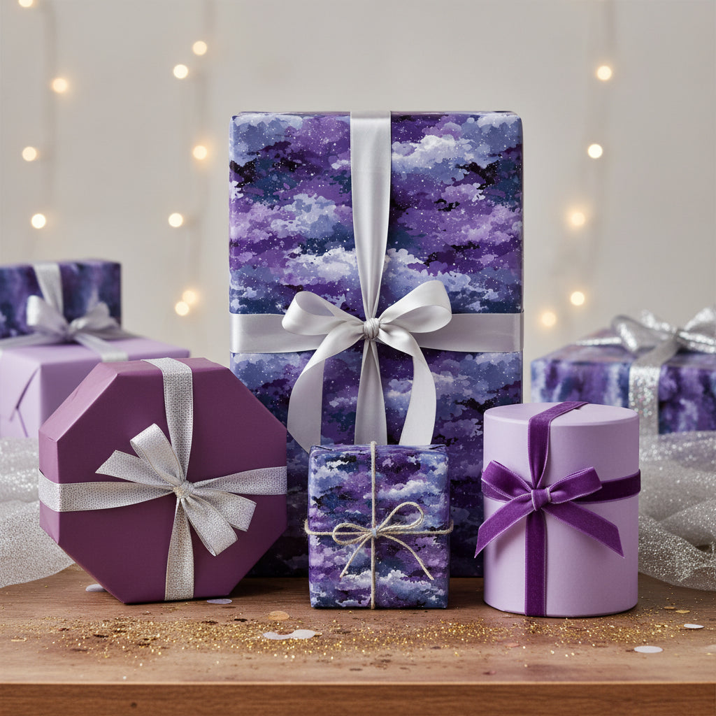 Assorted gifts wrapped in luxury purple and blue galaxy wrapping paper with silver and velvet ribbons.
