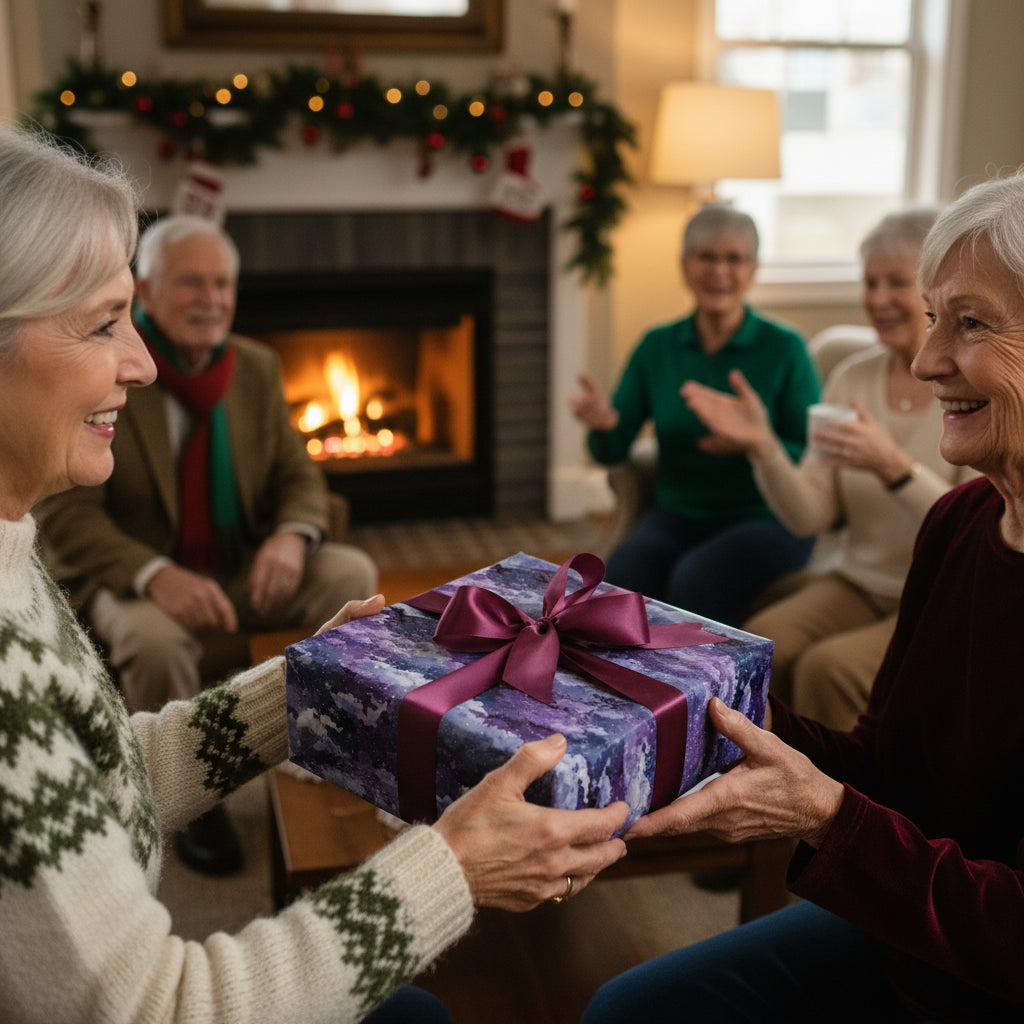 Senior woman exchanging a gift wrapped in abstract purple wrapping paper with a burgundy ribbon at a holiday gathering.