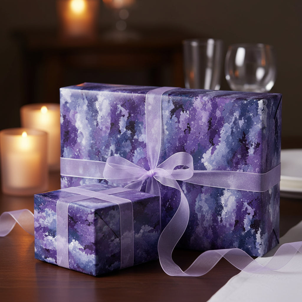 Elegant gifts wrapped in purple watercolor-style wrapping paper with sheer ribbon bows.