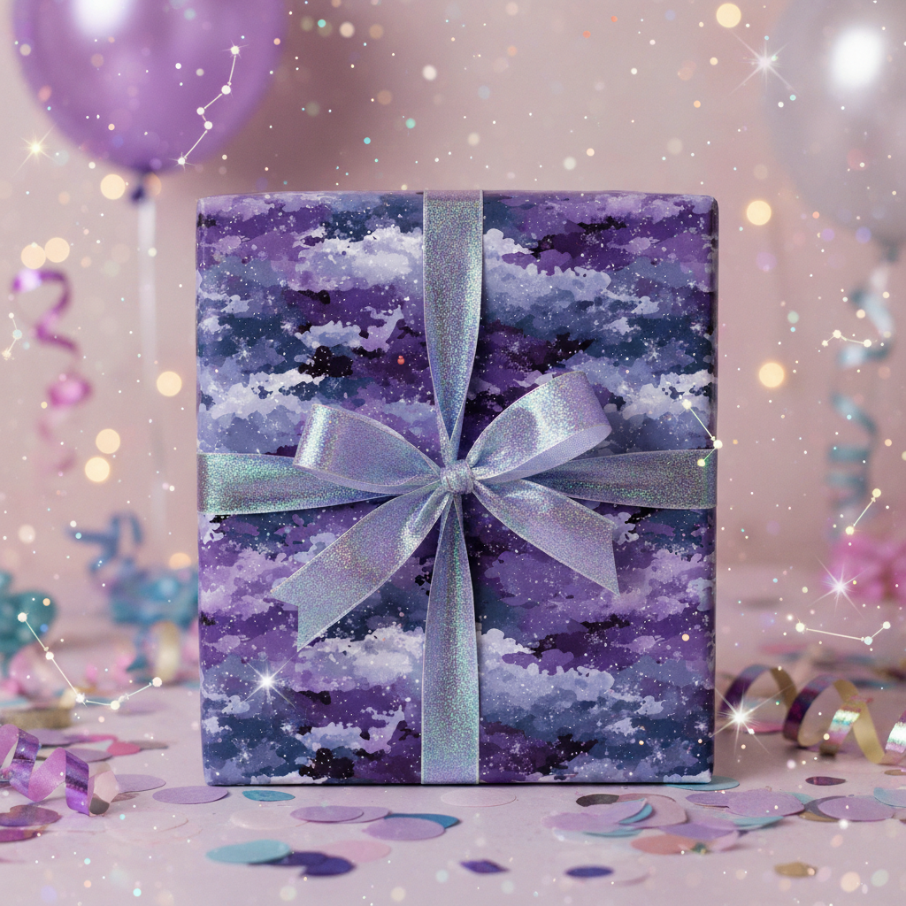 Square gift wrapped in purple galaxy print paper with a shiny lavender ribbon.
