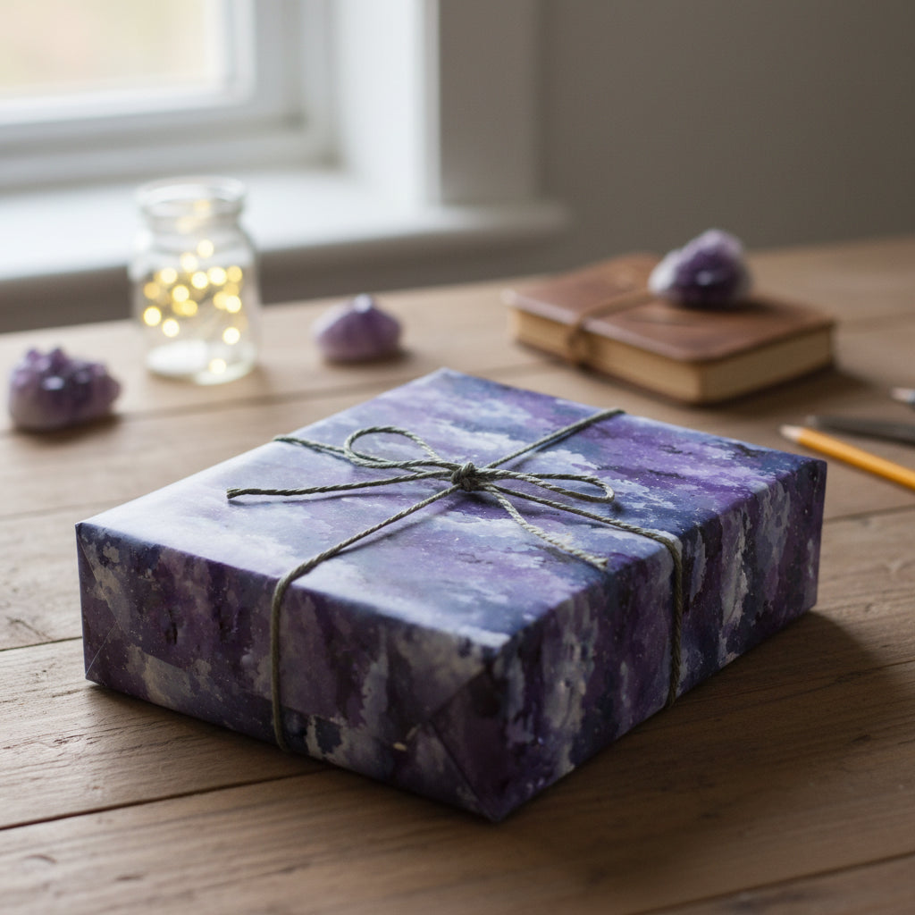 Rectangular gift wrapped in abstract purple wrapping paper with twine on a rustic wood table.