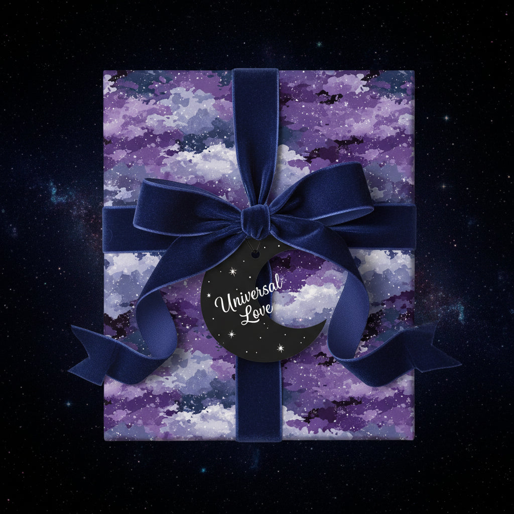 Square gift wrapped in purple galaxy wrapping paper with velvet ribbon and "Universal Love" tag.