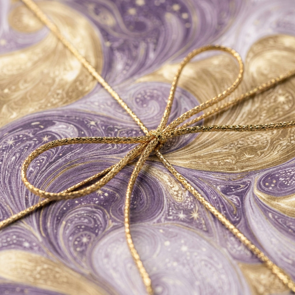 Luxury purple and gold celestial wrapping paper tied with a metallic gold bow by Wrapped Studios.