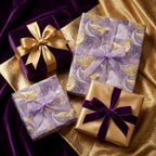Luxury purple and gold marbled wrapping paper on elegant gift boxes with ribbons by Wrapped Studios.