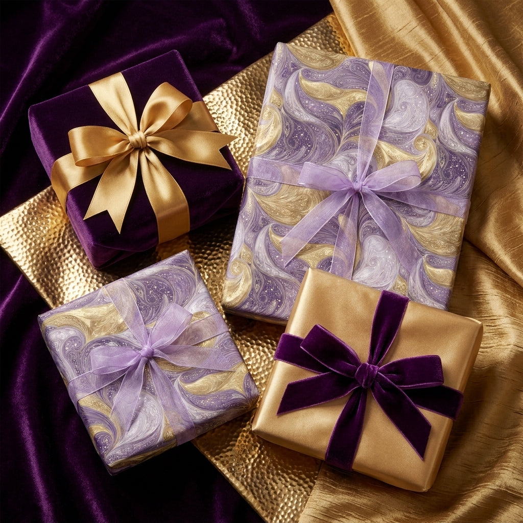 Luxury purple and gold marbled wrapping paper on elegant gift boxes with ribbons by Wrapped Studios.