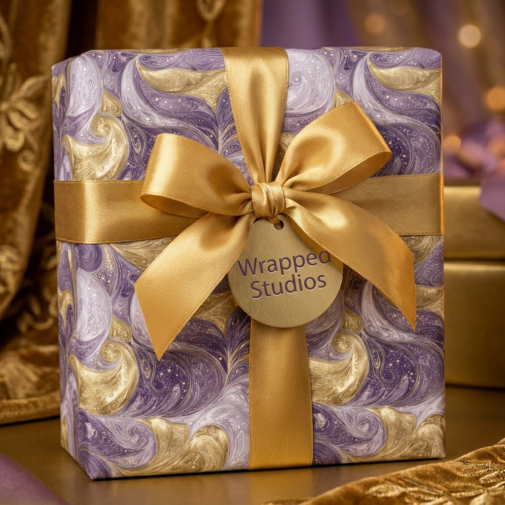 Luxury purple and gold marble wrapping paper with a satin gold bow, elegant gift wrap by Wrapped Studios.