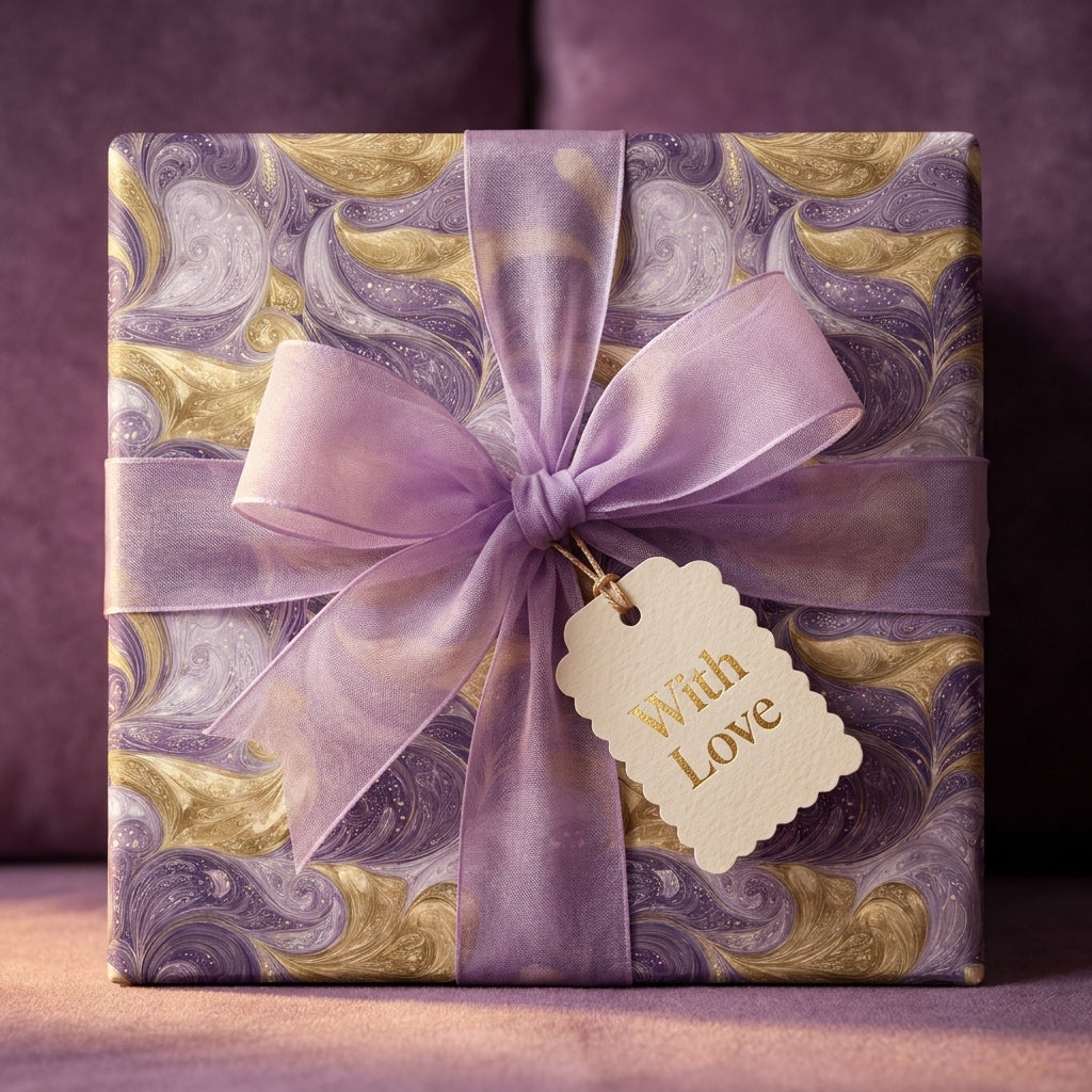 Luxury purple and gold marble wrapping paper with a lavender ribbon and gift tag by Wrapped Studios.