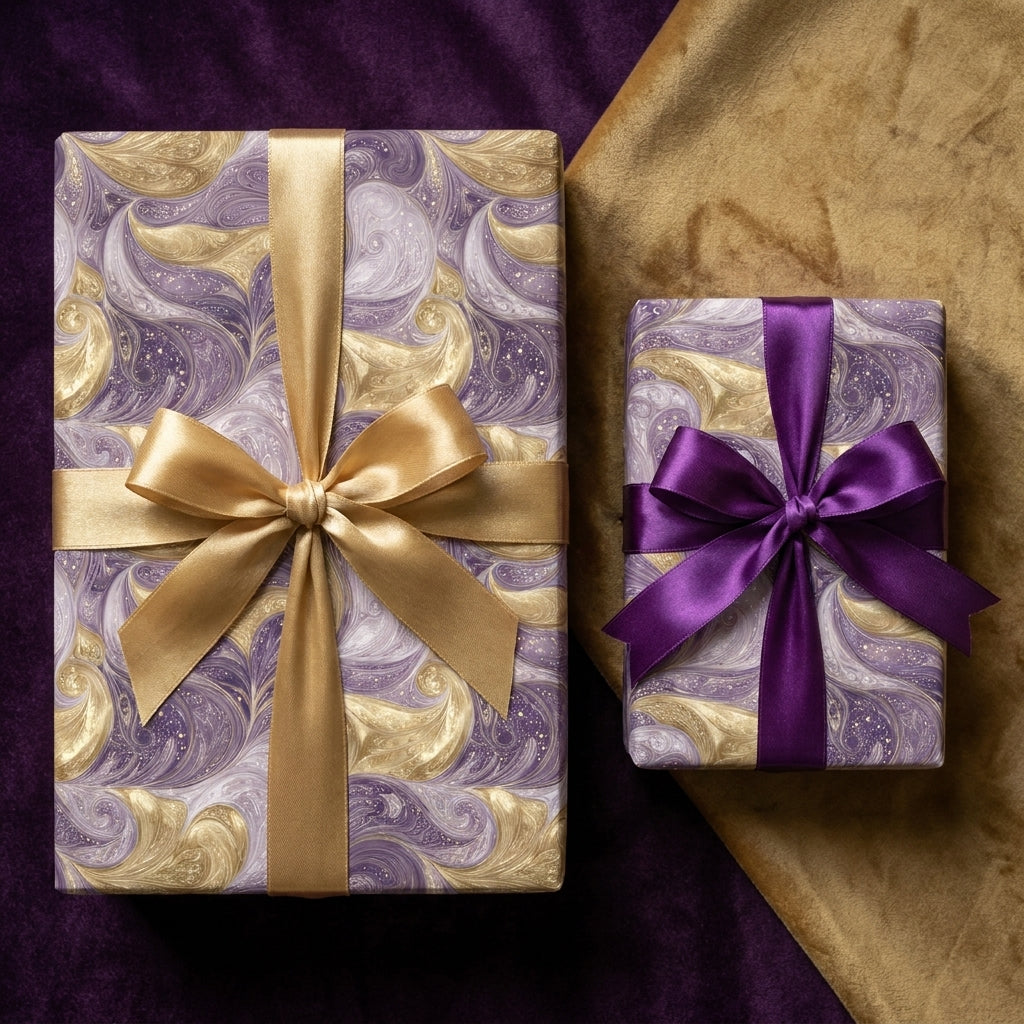 Luxury purple and gold marbled gift wrap with satin bows by Wrapped Studios.