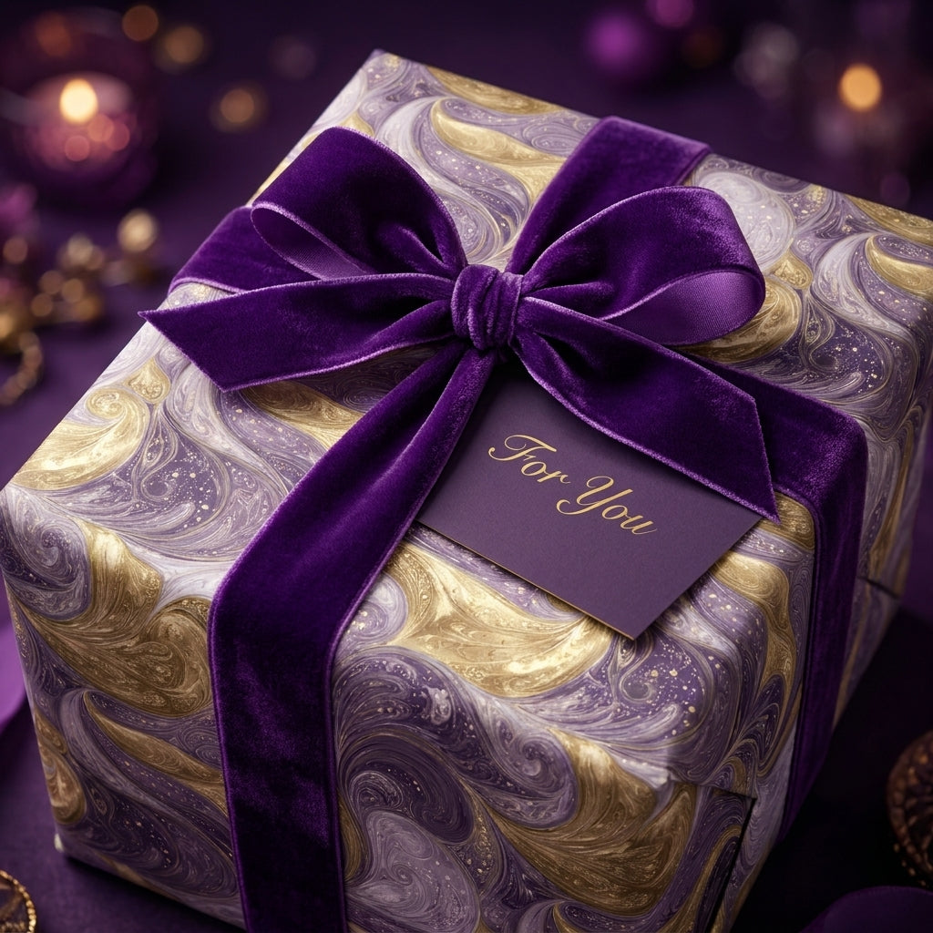 Luxury purple and gold marbled wrapping paper with a velvet bow and "For You" tag by Wrapped Studios.