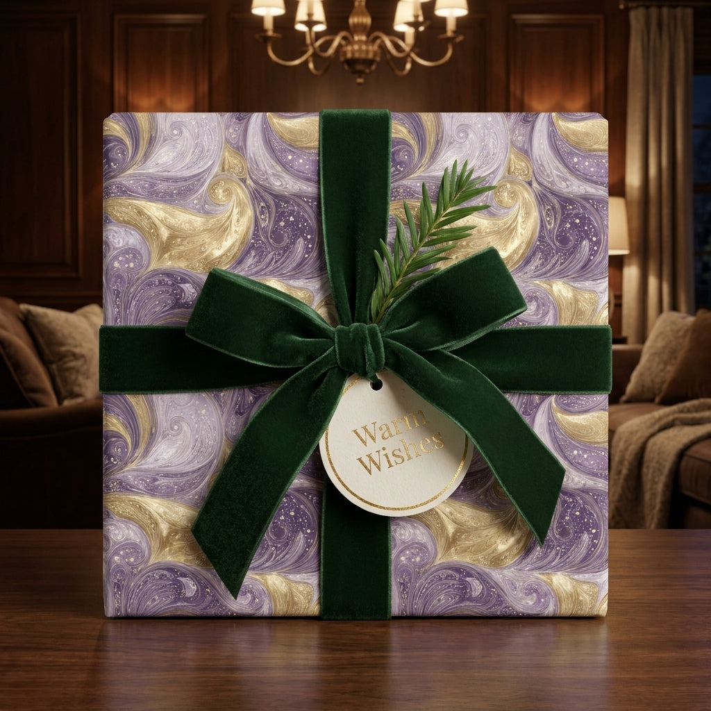 Luxury purple and gold marbled Christmas wrapping paper with a green velvet bow by Wrapped Studios.