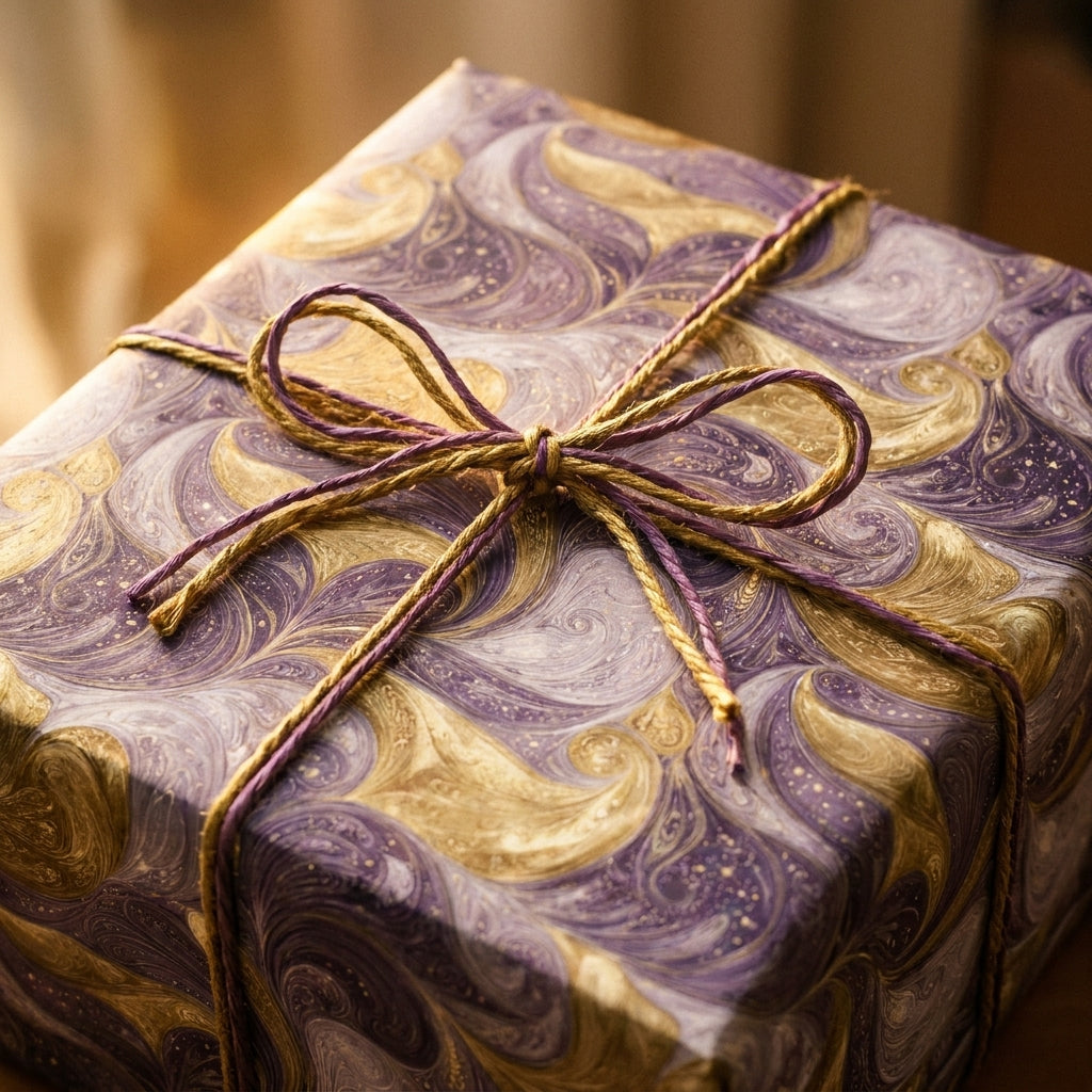 Luxury purple and gold marbled wrapping paper with a twine bow on a gift box by Wrapped Studios.