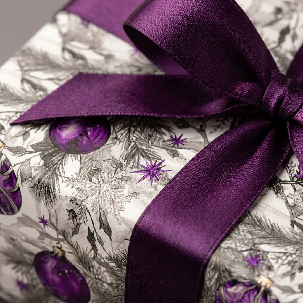 Elegant purple Christmas wrapping paper with a satin ribbon bow by Wrapped Studios.
