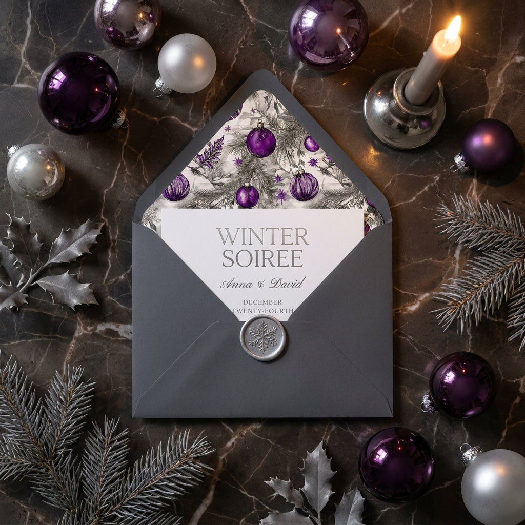 Elegant winter party invitation with purple Christmas ornament liner by Wrapped Studios.