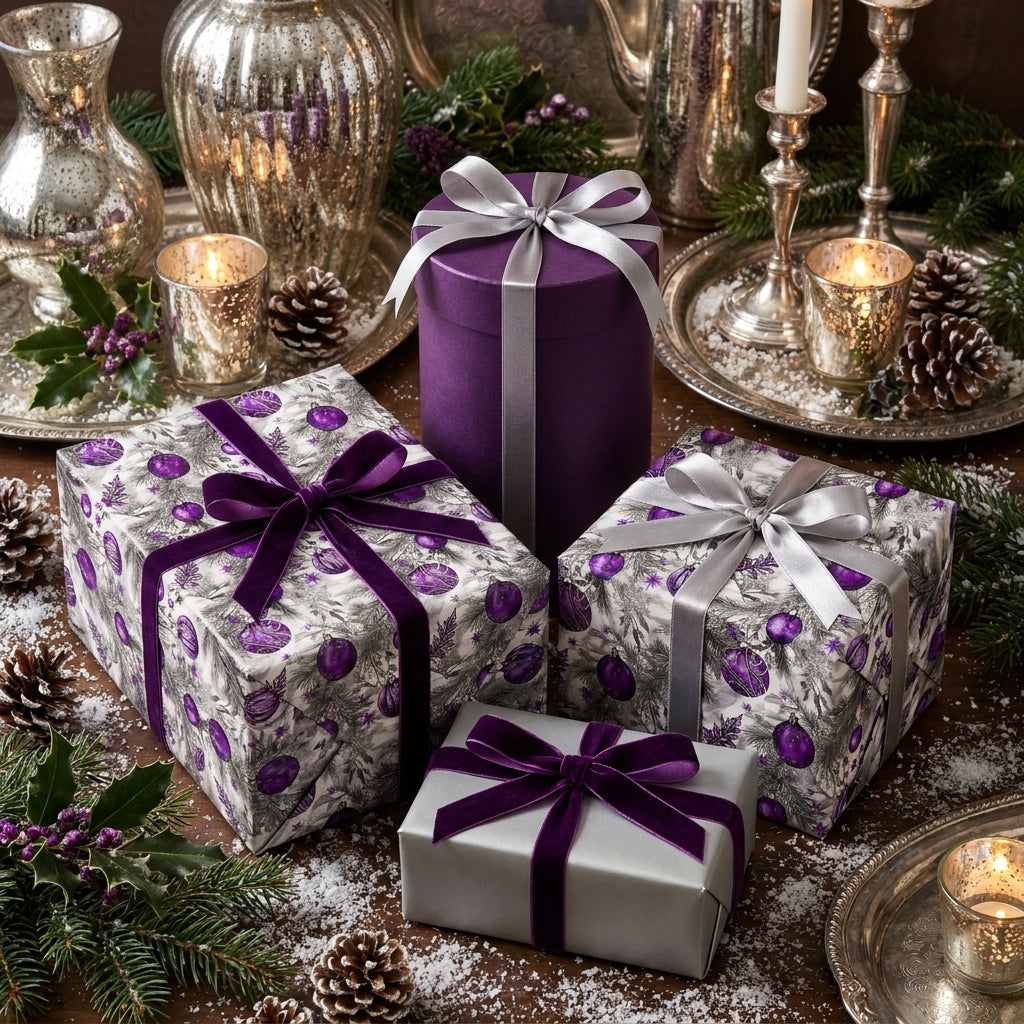 Luxury Christmas gift wrap with purple ornaments and elegant velvet ribbons by Wrapped Studios.